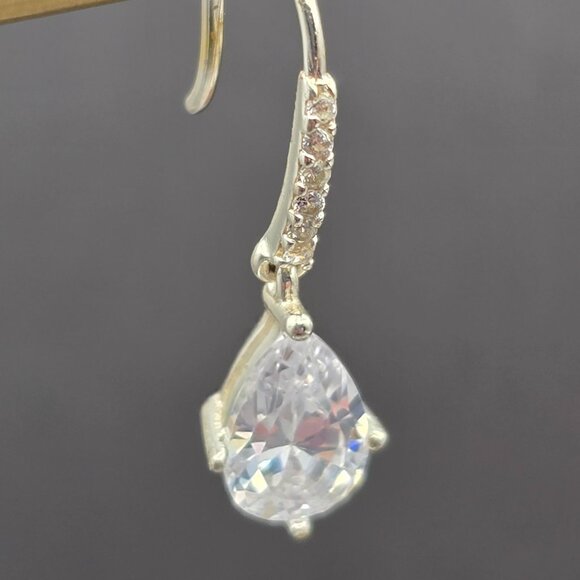 Teardrop Cubic Zirconia Drop Earrings Sterling Silver Hooks Pave Accents by CH - Picture 6 of 9